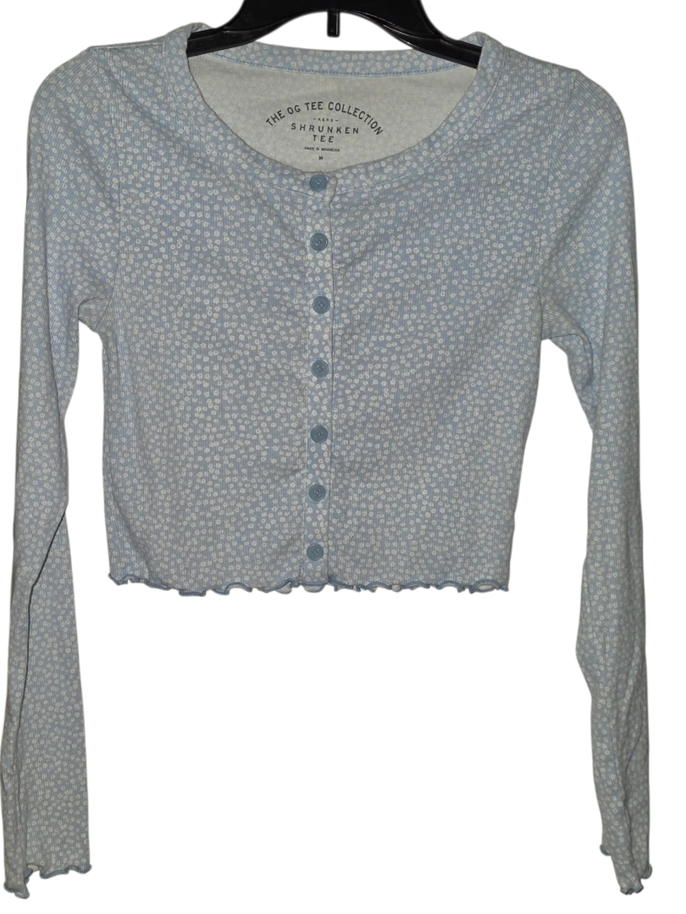 Aero Long Sleeve Baby Blue and White Cropped Top Size Medium